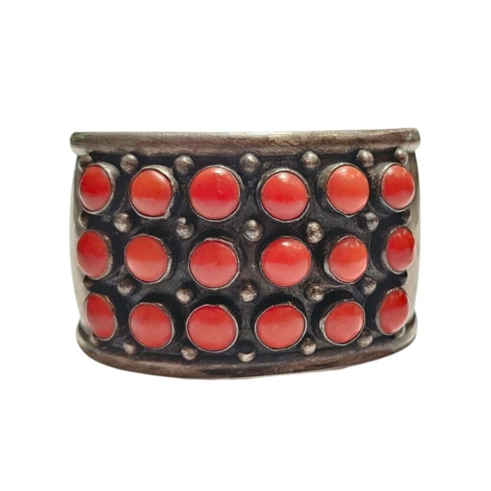 Vintage Navajo Red Mediterranean Coral Sterling Cuff Bracelet
